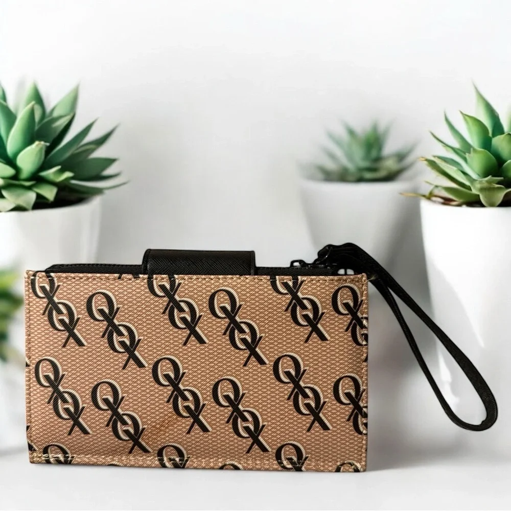 XOXO Tan Black Logo Print Wristlet Wallet Double Zipper Multi Slot New with Tags